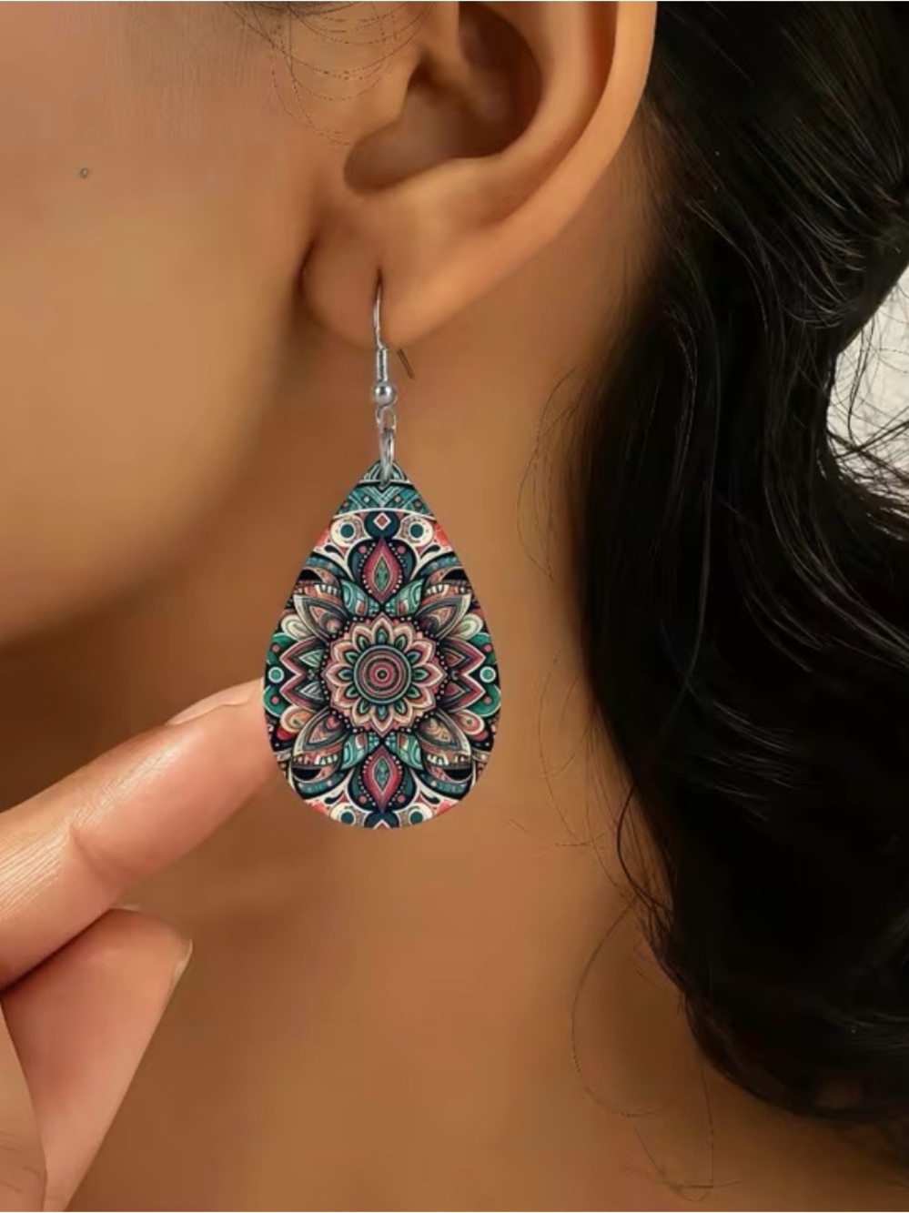 Boho Teardrop Mandala Earrings - Pink & Teal - Picture 4 of 5
